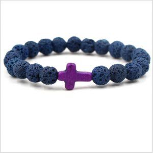 NWOT Blue Lava Rock Beaded Purple Cross Bracelet